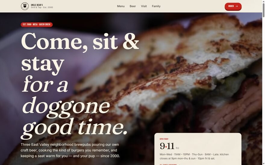 Uncle Bear's Grill & Tap website homepage