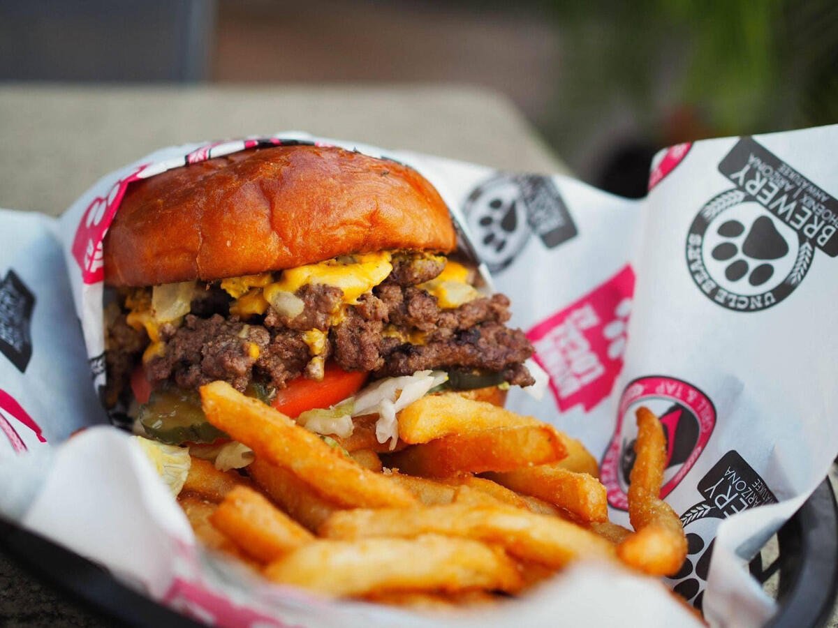 Smash burger fresh off the grill at Uncle Bear's Mesa — Ellsworth